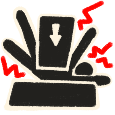 a black drawing of a human being crushed by a large object with a down arrow inside it, outlined in white. jagged red lines shoot away from the person in four different spots